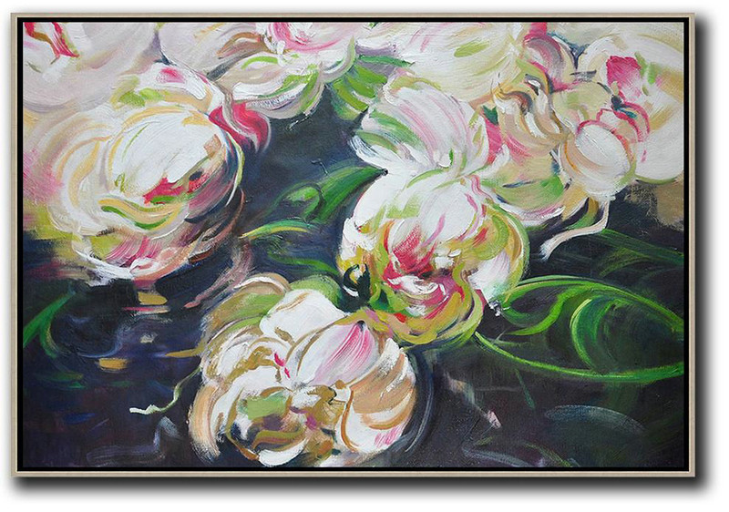 Large Abstract Art Handmade Painting,Horizontal Abstract Flower Oil Painting,Big Painting,White,Green,Black.etc